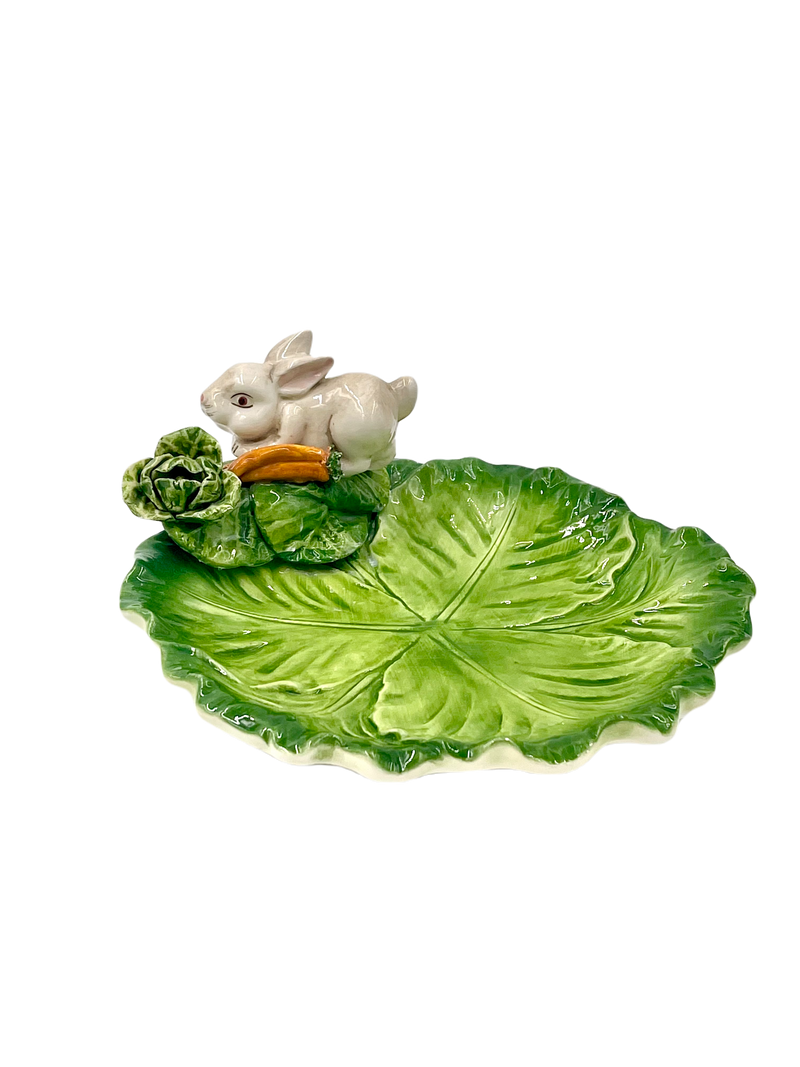 Italian Ceramic Lettuce Leaf Plate with Bunny & Carrot