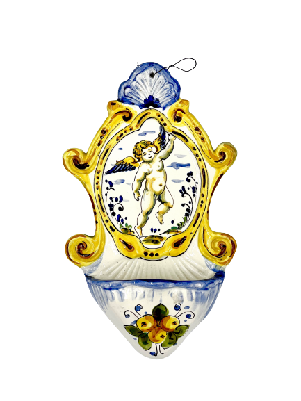 Holy Water Font with Angel - Blue, White and Yellow