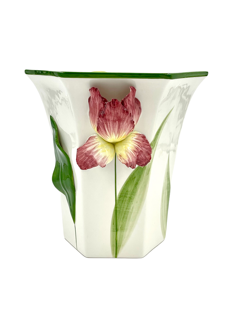 White Squared Floral Vase with Capidimonte-Style Flowers