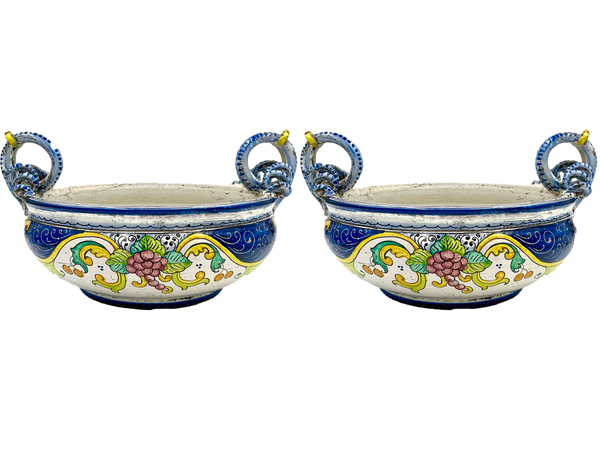 Large Antiqued Centerpiece bowls with Serpant Handles (set of 2)
