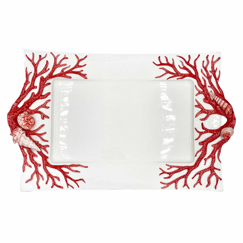 Ocean Reef Coral Large Handled Serving Platter with Raised Seashells (Design 1)
