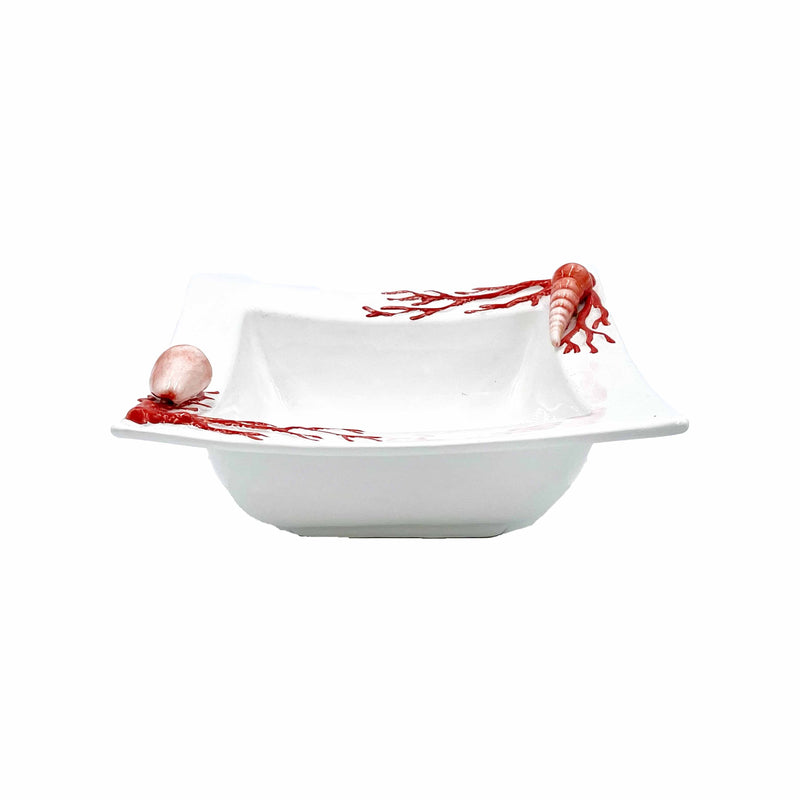 Ocean Reef Coral Medium Deep Squared Serving Bowl with Handcrafted Raised Seashells