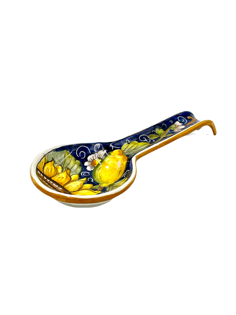 Spoon Rest with Sunflower and Lemon - Blue Background Design 1