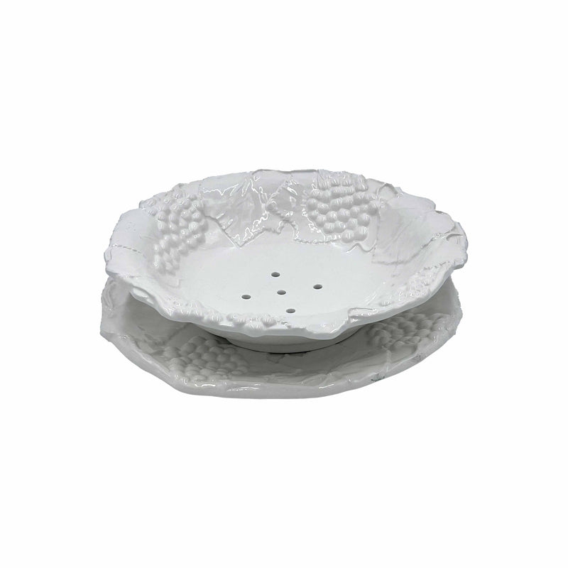 Decorative Solid White Ceramic Colander with Grape Relief