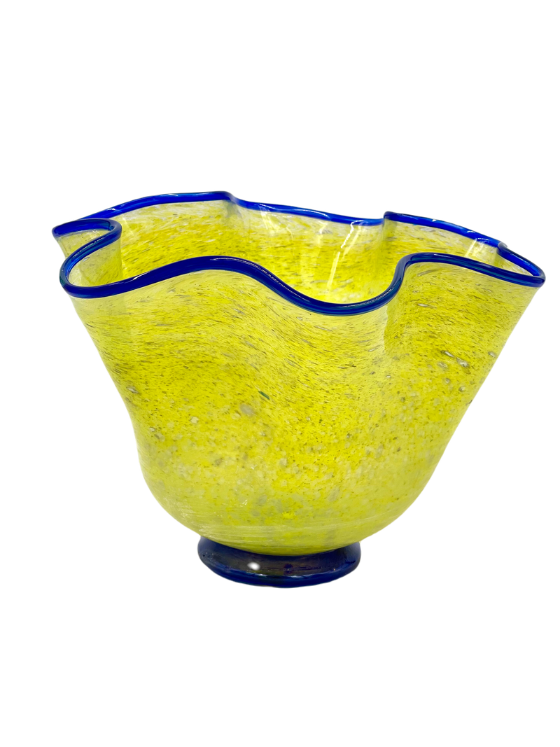 Murano Glass Handkerchief Vase - Yellow with Blue Trim