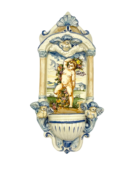 Blue and White Holy Water Font Adorned with Angels