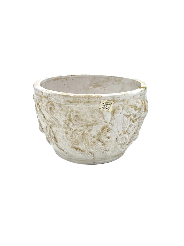 La Torre Antiqued White Cache Pot with Vine Relief