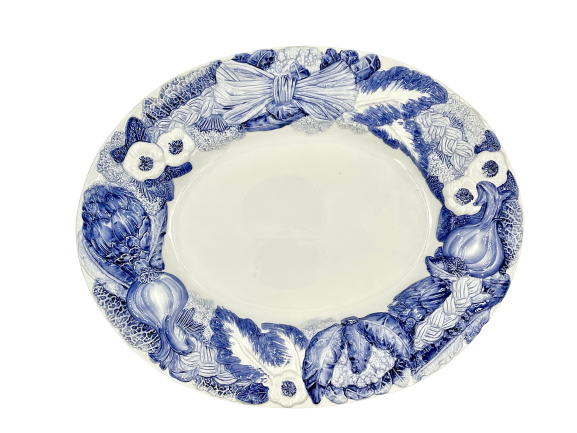 Large Blue and White Platter with Vegetable Relief