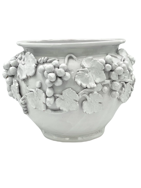 Large Antiqued White Cache Pot with Hand Crafted Grape Relief