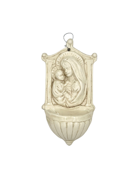 Antiqued Solid White Madonna and Child Holy Water Font