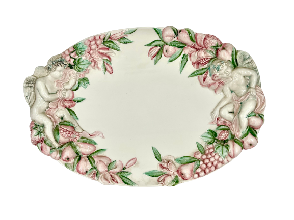 Large Serving Platter with Angels and Fruits in Pink and Green
