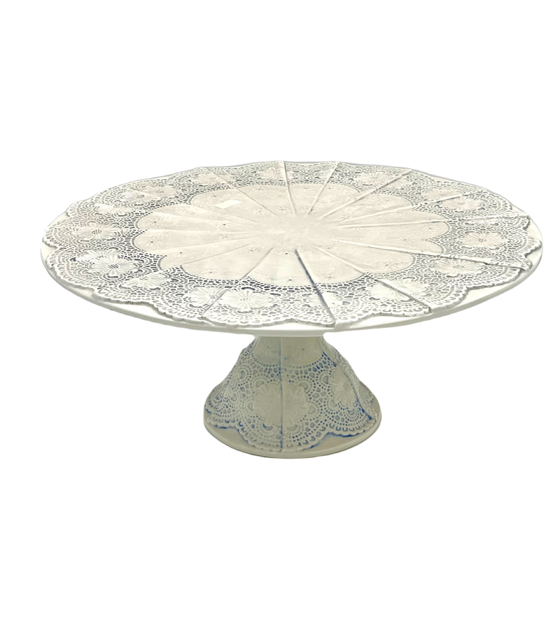 White Lace Design Cake Stand with Blue Accents