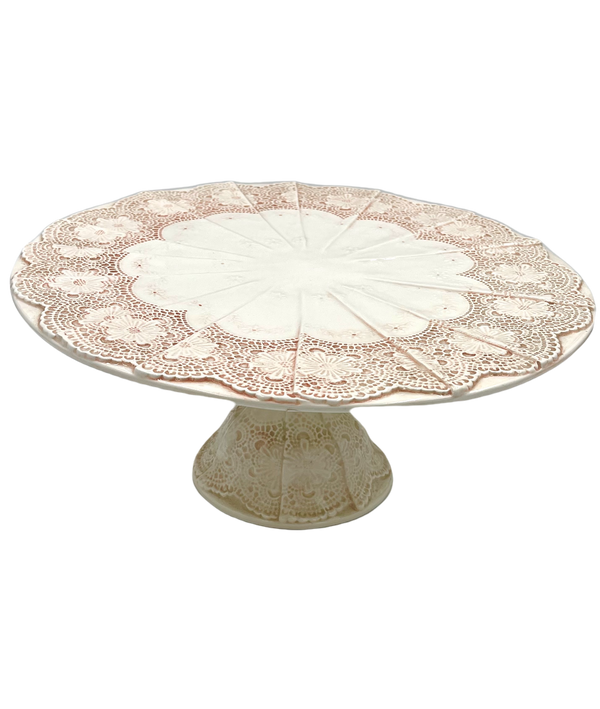 White Lace Design Cake Stand with Red Accents